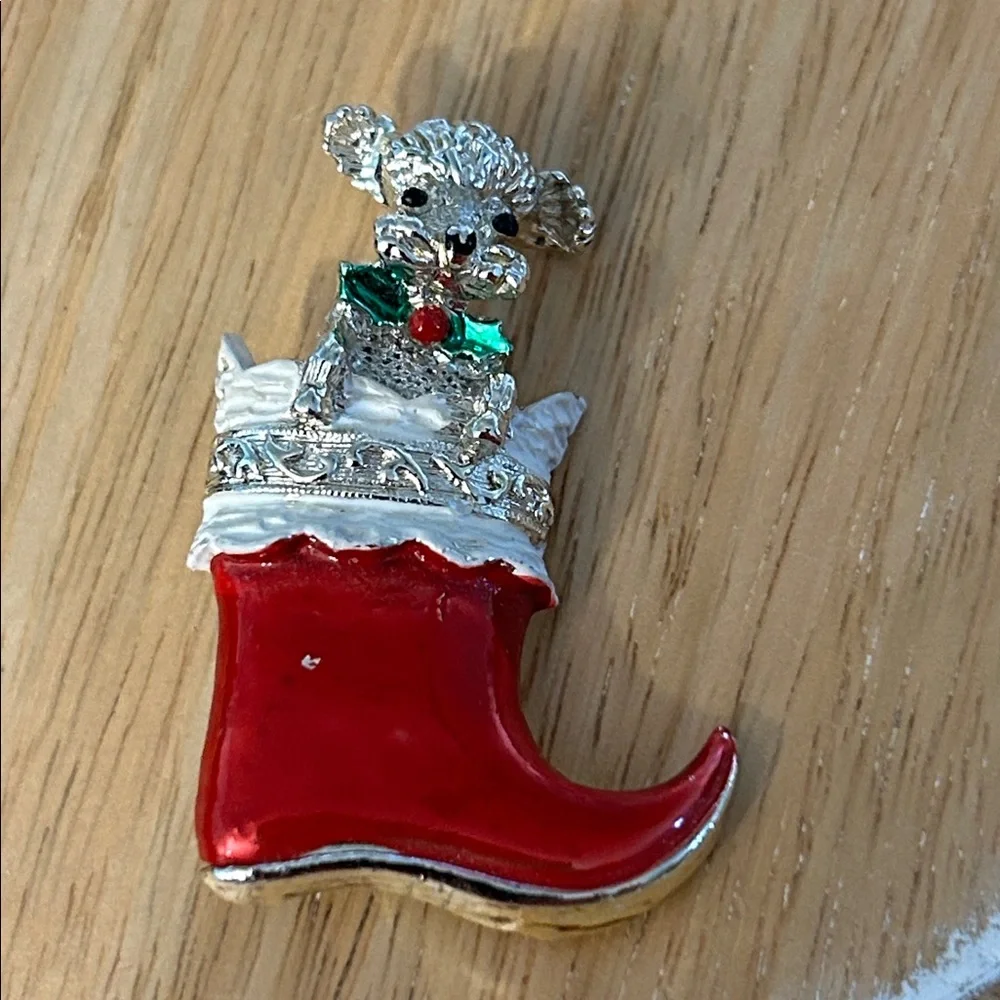 Christmas Stocking Brooch with Dog Christmas pin poodle holiday pin red silver